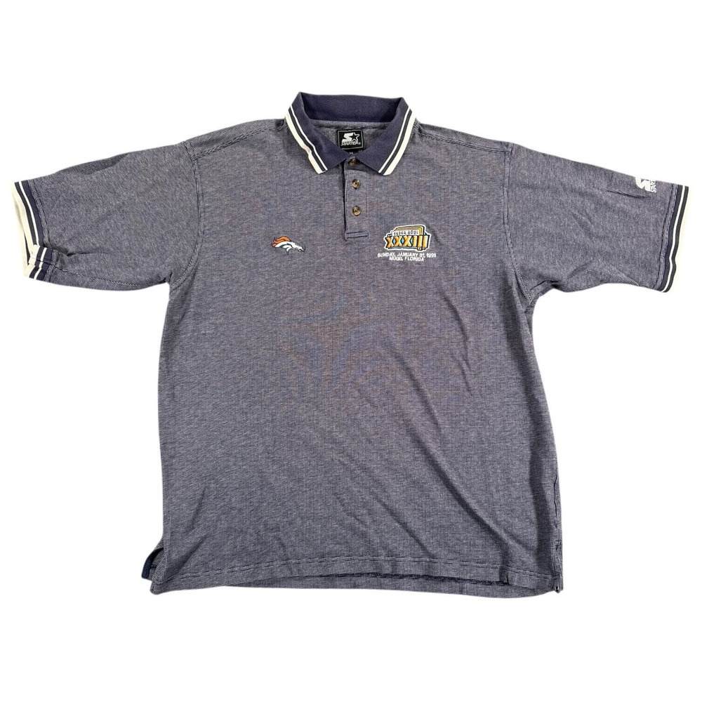 Vintage Starter Denver Broncos Polo Shirt Mens XL Blue Superbowl XXXIII